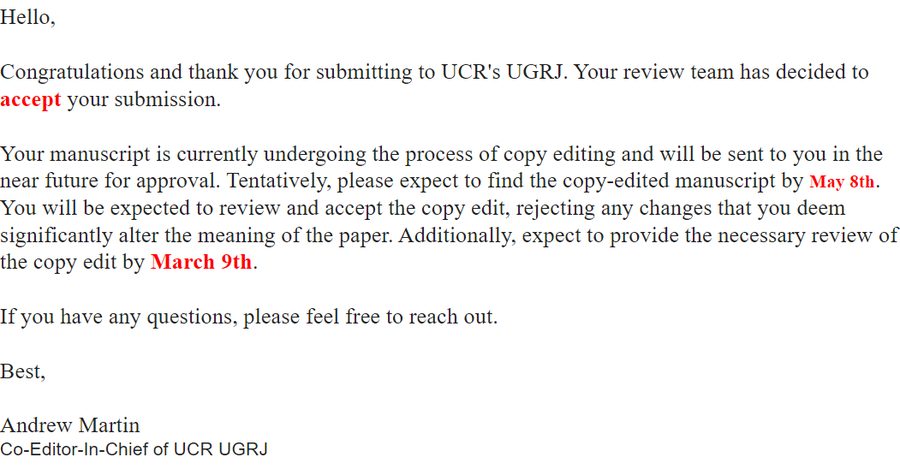 Helen Huang's research paper accepted at UCR's Undergraduate Research Journal